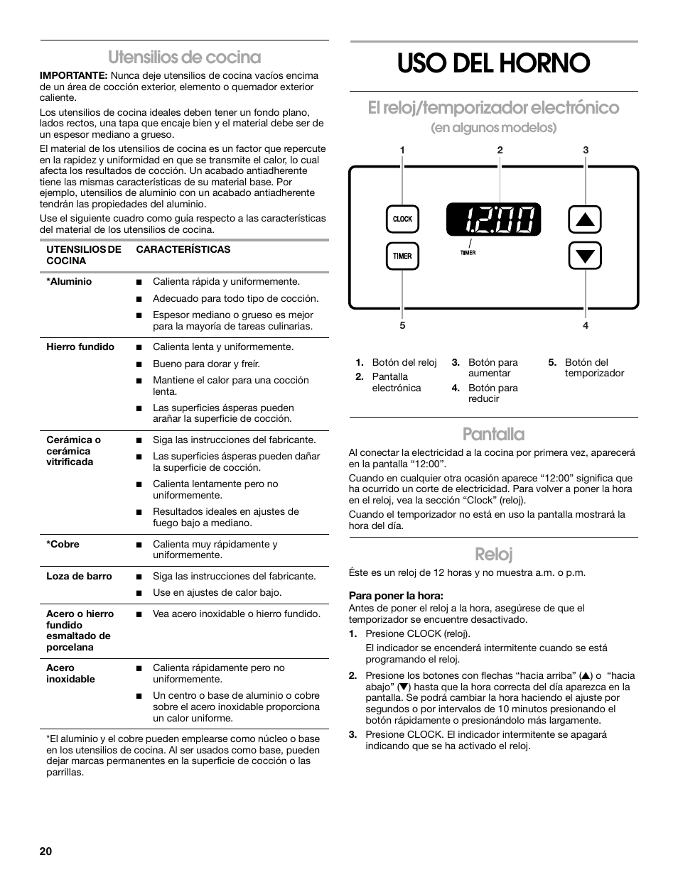Uso del horno, Utensilios de cocina, El reloj/temporizador electrónico | Pantalla, Reloj, En algunos modelos) | Whirlpool FGP305K0 User Manual | Page 20 / 28