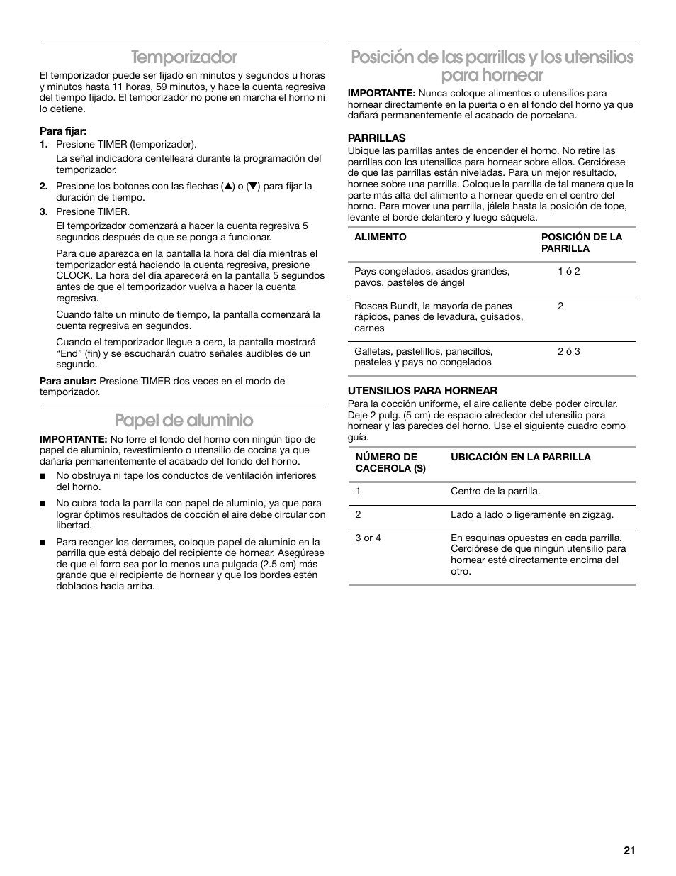 Temporizador, Papel de aluminio | Whirlpool FGP305K0 User Manual | Page 21 / 28
