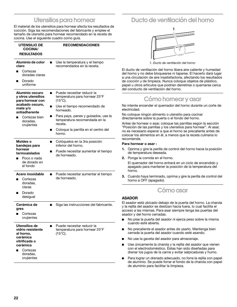 Utensilios para hornear, Ducto de ventilación del horno, Cómo hornear y asar | Cómo asar | Whirlpool FGP305K0 User Manual | Page 22 / 28