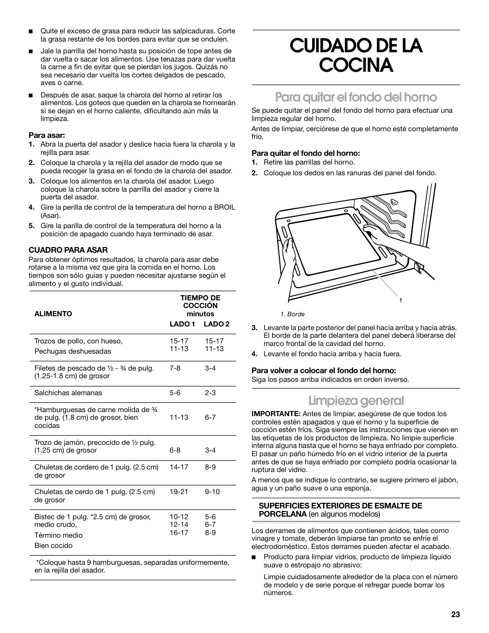 Cuidado de la cocina, Para quitar el fondo del horno, Limpieza general | Whirlpool FGP305K0 User Manual | Page 23 / 28