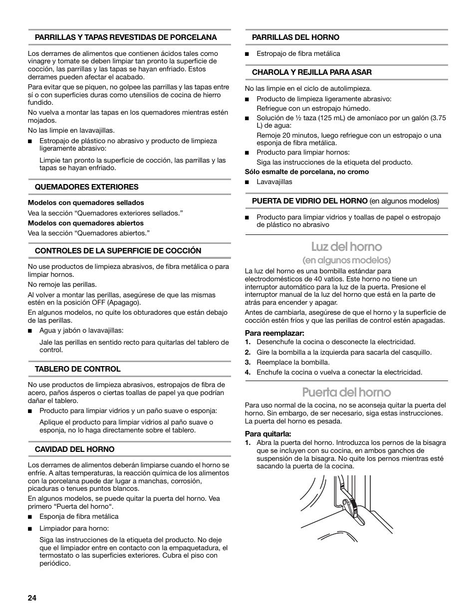Luz del horno, Puerta del horno, En algunos modelos) | Whirlpool FGP305K0 User Manual | Page 24 / 28