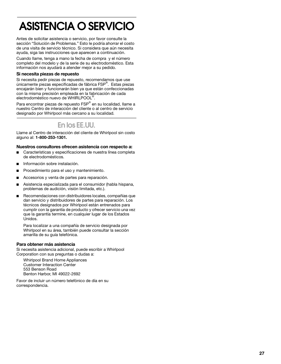 Asistencia o servicio, En los ee.uu | Whirlpool FGP305K0 User Manual | Page 27 / 28