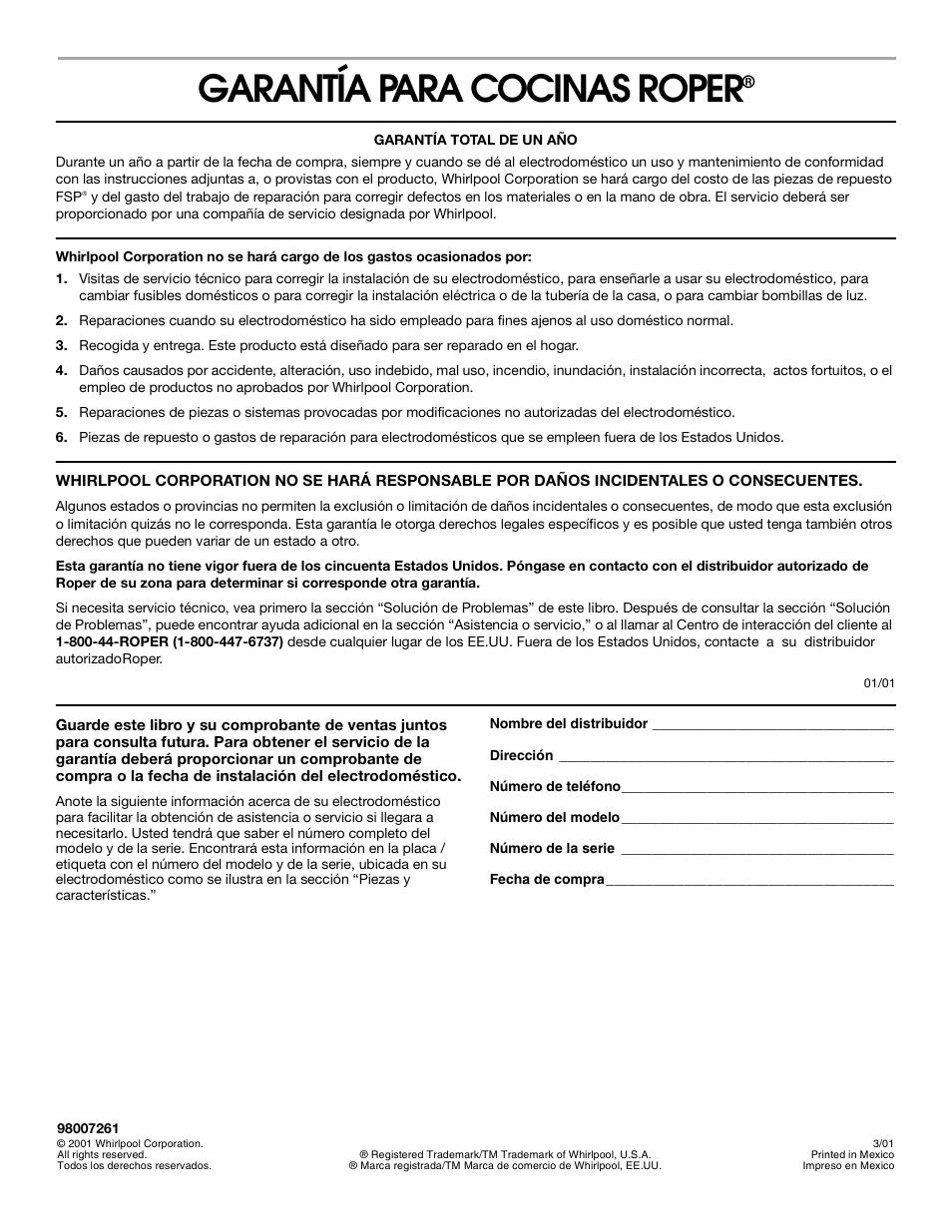 Garantía para cocinas roper | Whirlpool FGP305K0 User Manual | Page 28 / 28