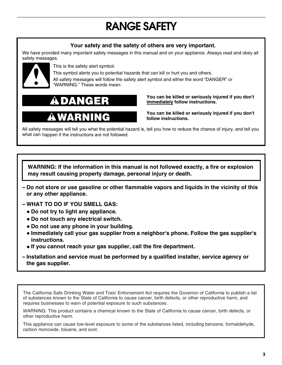 Safety, Range safety | Whirlpool FGP305K0 User Manual | Page 3 / 28