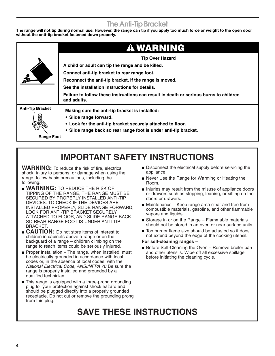 Warning, Save these instructions, Important safety instructions | The anti-tip bracket, Caution | Whirlpool FGP305K0 User Manual | Page 4 / 28