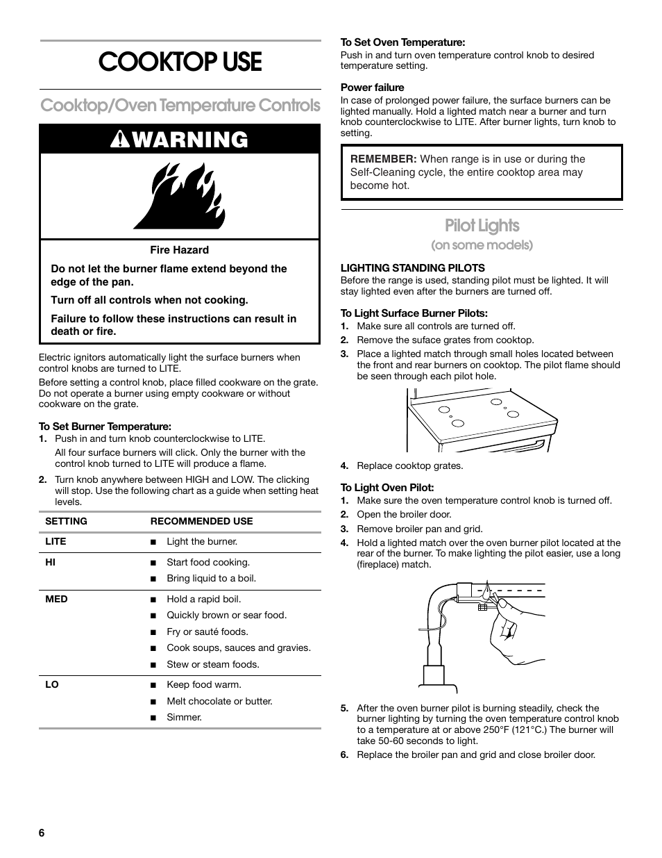 Cooktop use, Warning, Cooktop/oven temperature controls | Pilot lights, On some models) | Whirlpool FGP305K0 User Manual | Page 6 / 28
