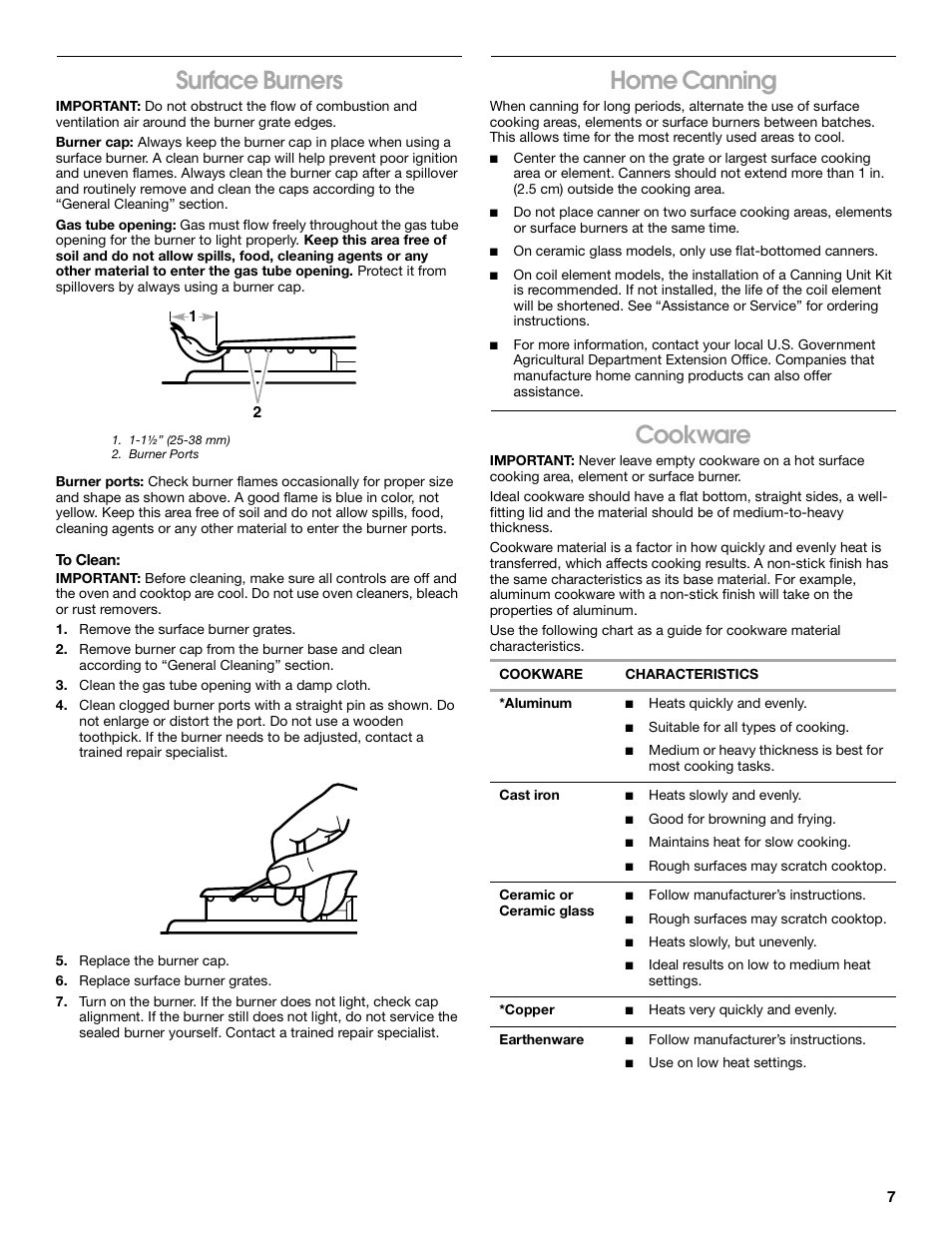 Surface burners, Home canning, Cookware | Whirlpool FGP305K0 User Manual | Page 7 / 28