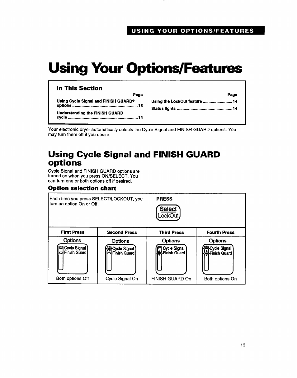Using your options/features, Using cycle signal and finish guard options, Option selection chart | Whirlpool 3396304 User Manual | Page 13 / 28