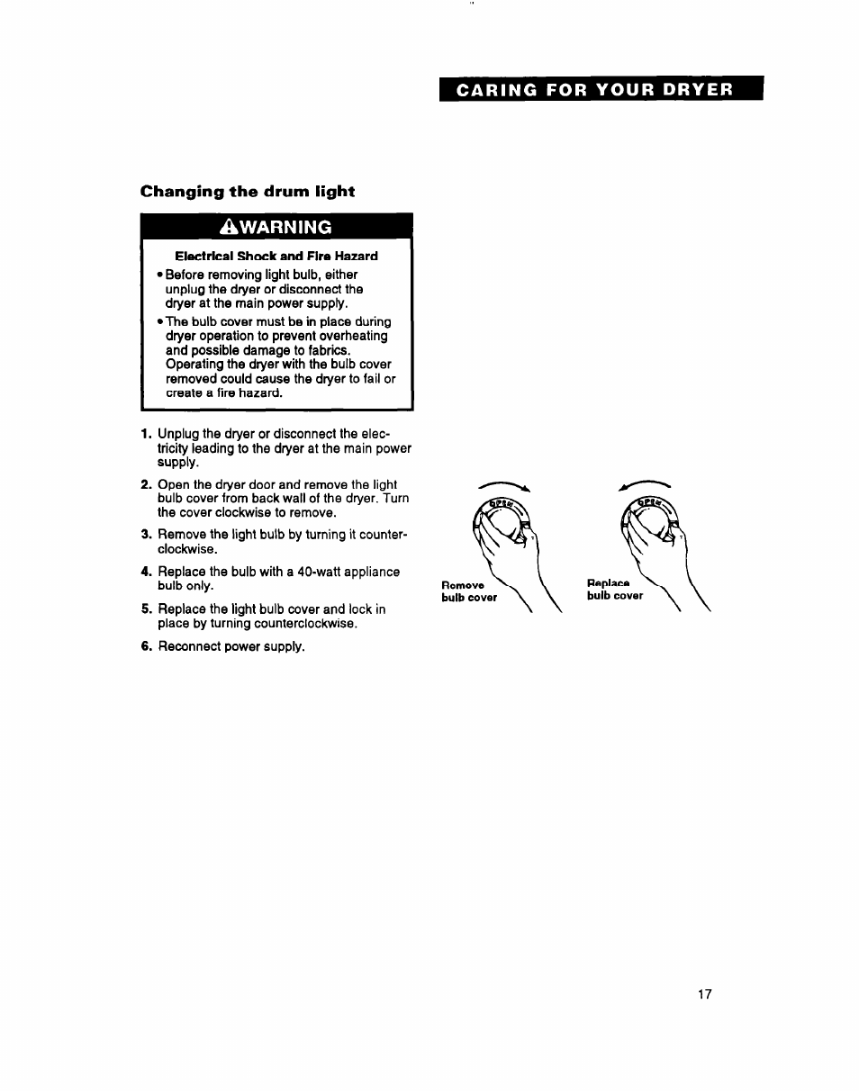 Changing the drum light, Electrical shock and fire hazard | Whirlpool 3396304 User Manual | Page 17 / 28