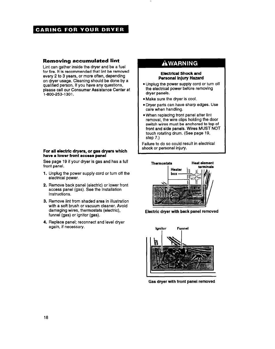 Removing accumulated lint, For all electric dryers, or gas dryers which, Electrical shock and personal injury hazard | Warning | Whirlpool 3396304 User Manual | Page 18 / 28