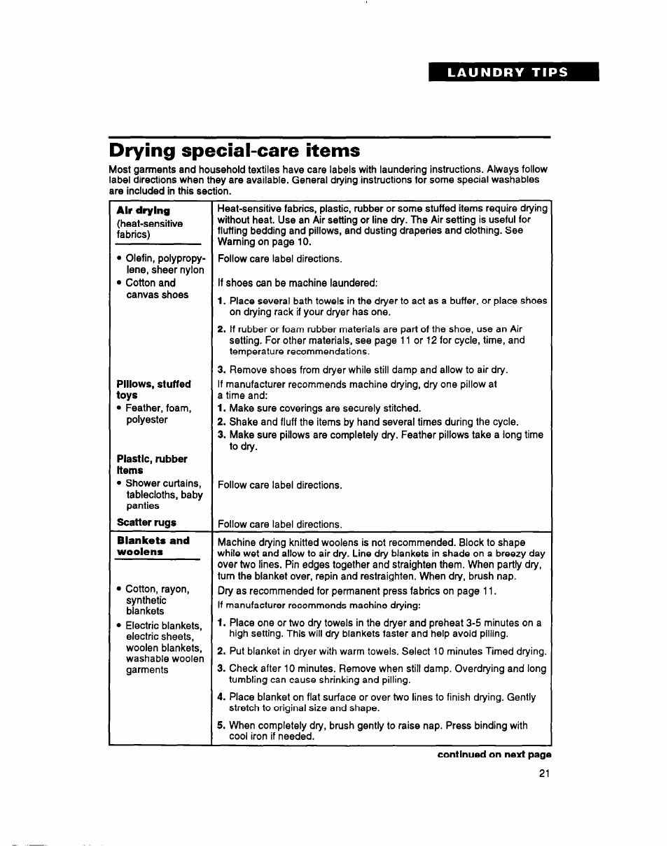 Drying special-care items, Pillows, stuffed toys, Plastic, rubber items | Whirlpool 3396304 User Manual | Page 21 / 28