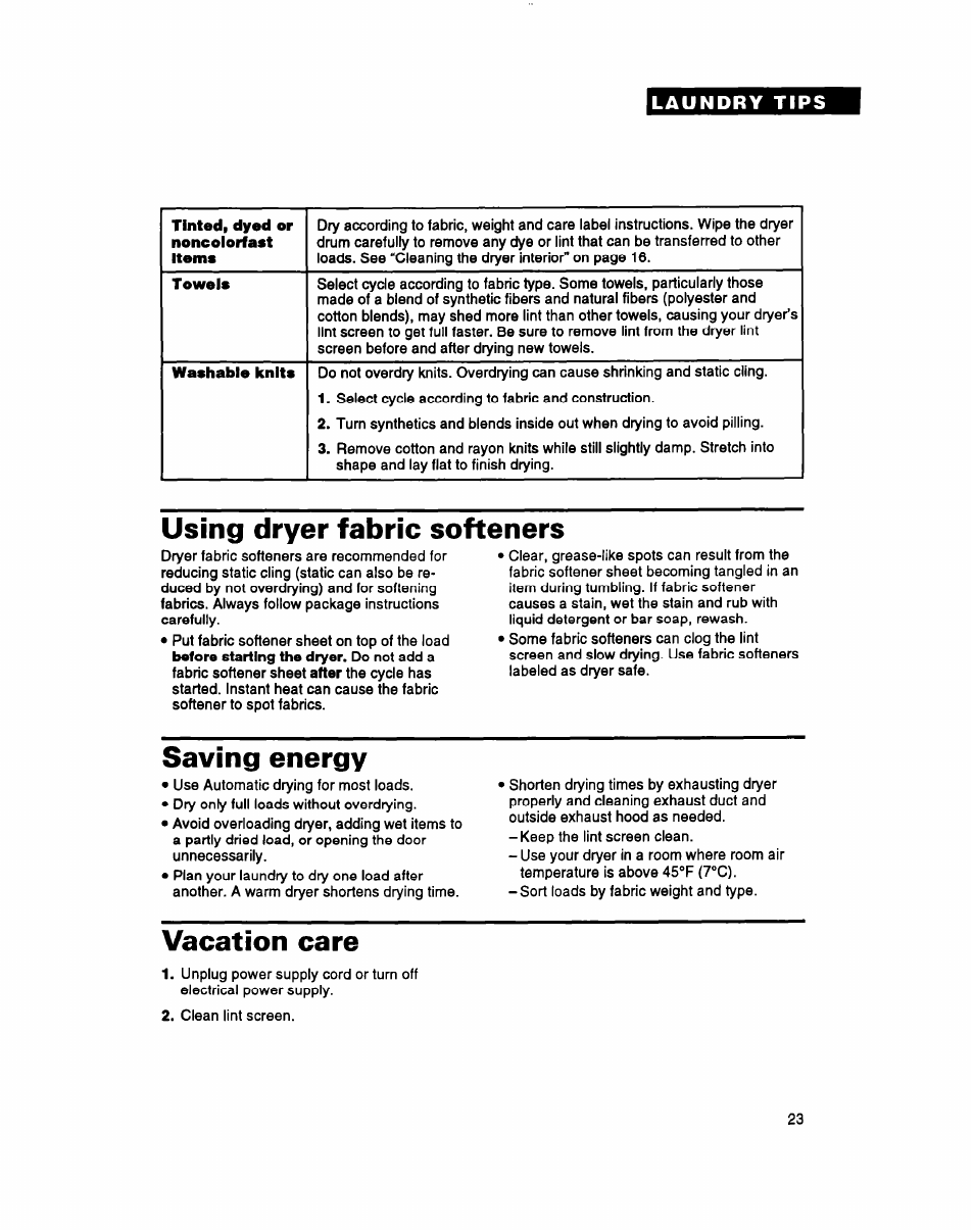 Using dryer fabric softeners, Saving energy, Vacation care | Whirlpool 3396304 User Manual | Page 23 / 28