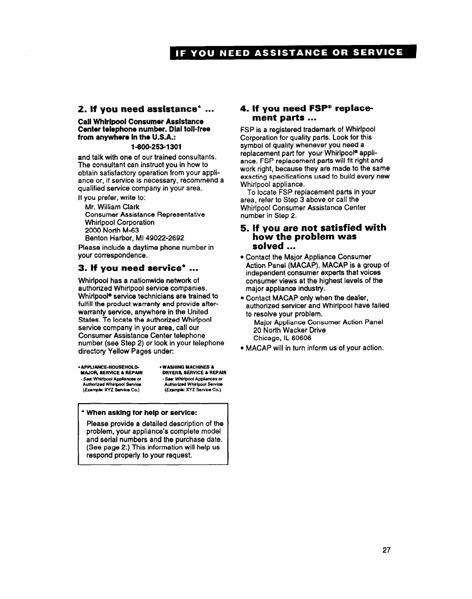 If you need assistance, If you need service, If you need fsp® replacement parts | When asking for help or service, If you need fsp® replace­ ment parts | Whirlpool 3396304 User Manual | Page 27 / 28