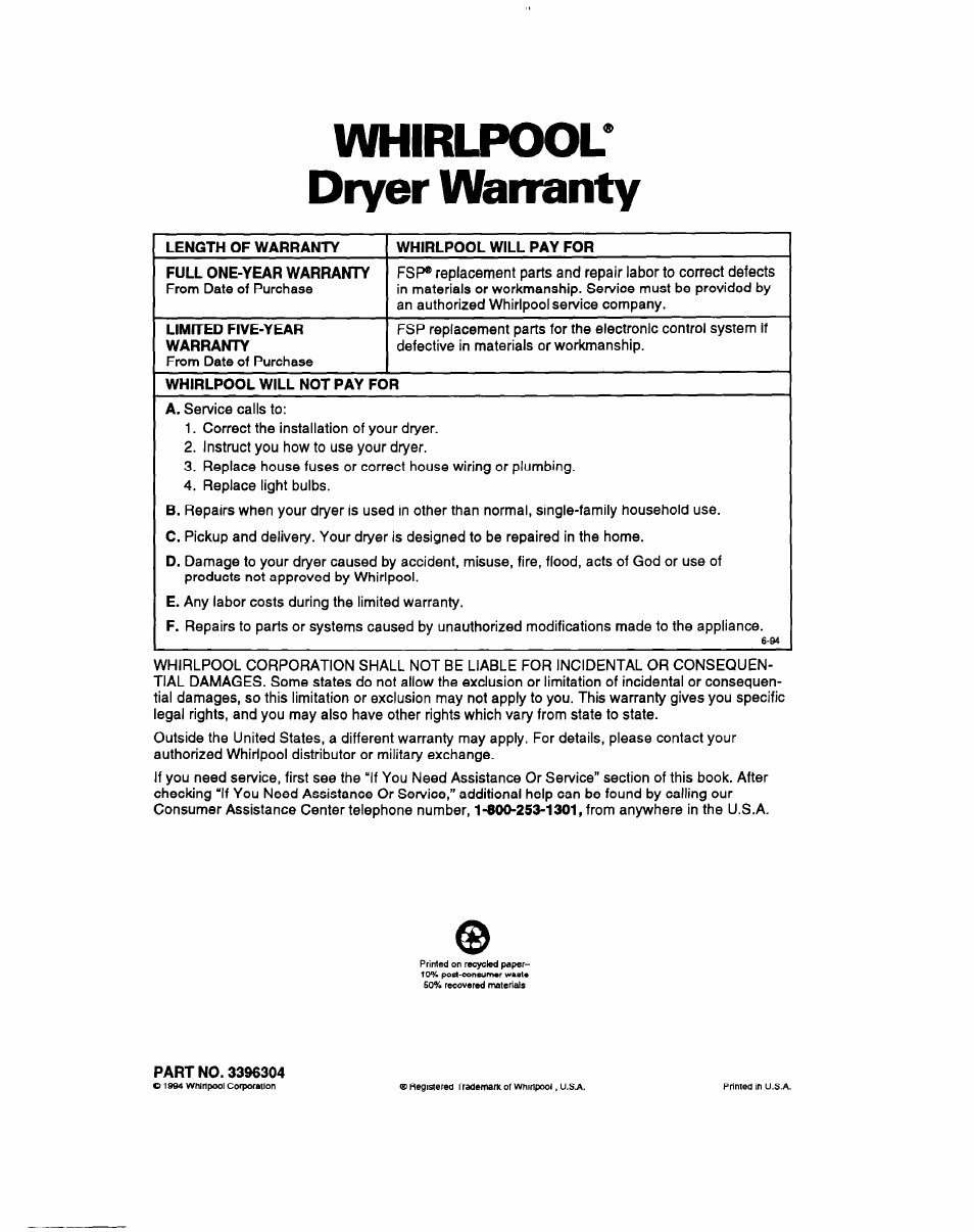 Length of warranty, Whirlpool will pay for, Full one-year warranty | Limrted five-year warranty, Whirlpool will not pay for, Part no. 3396304, Vuhirlpool' dryer warranty | Whirlpool 3396304 User Manual | Page 28 / 28
