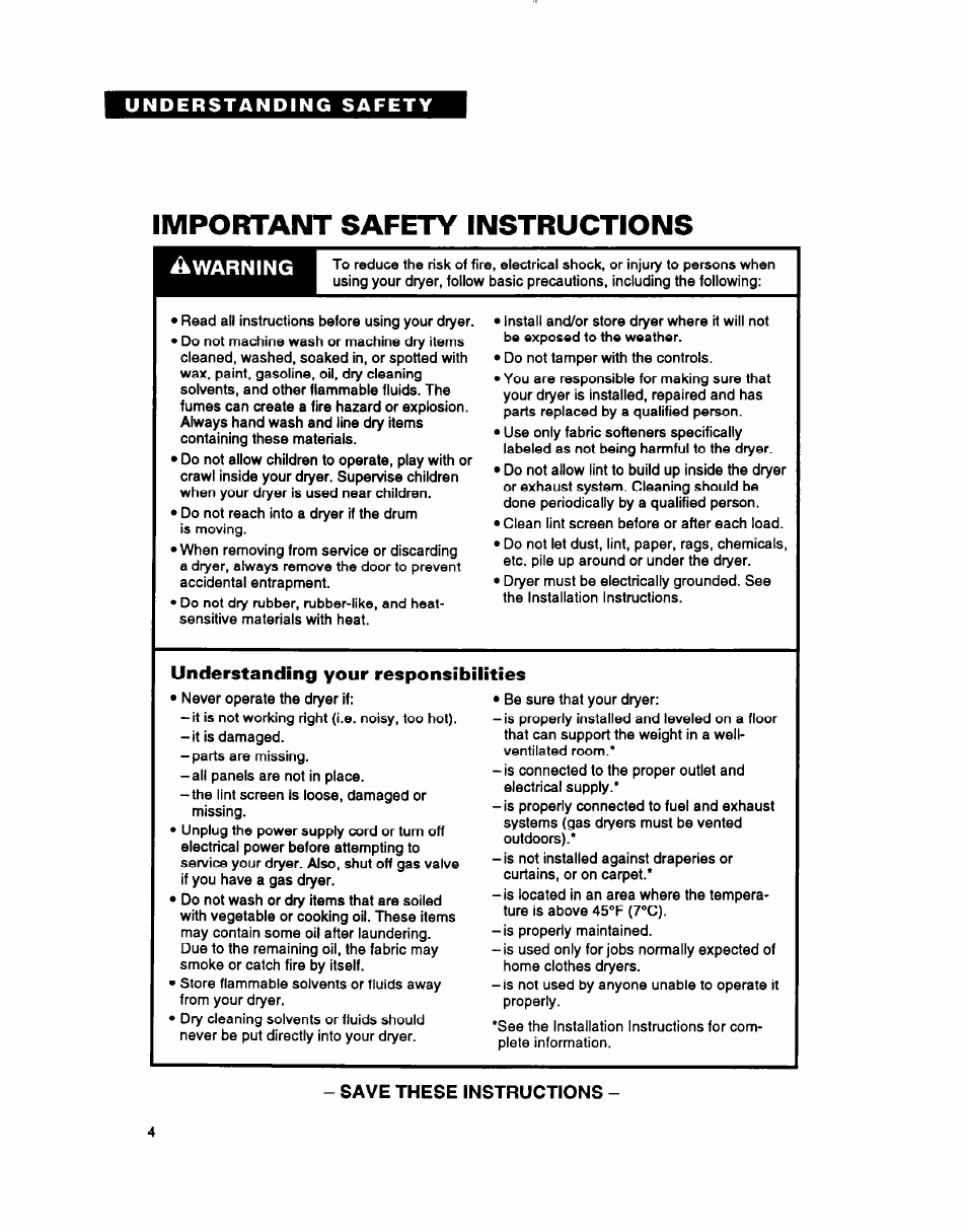 Important safety instructions, Understanding your responsibilities, Save these instructions | Whirlpool 3396304 User Manual | Page 4 / 28