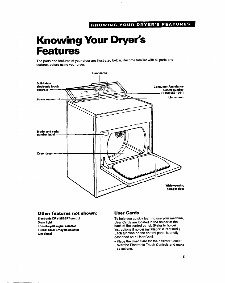 Knowing your dryer's features, User cards | Whirlpool 3396304 User Manual | Page 5 / 28