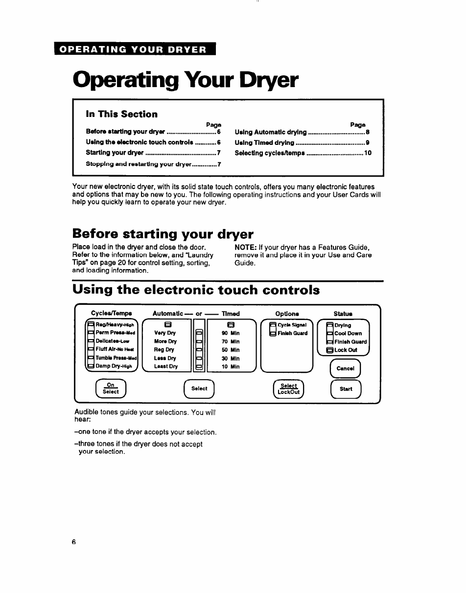 Operating your dryer, Before starting your dryer, Using the electronic touch controls | Whirlpool 3396304 User Manual | Page 6 / 28