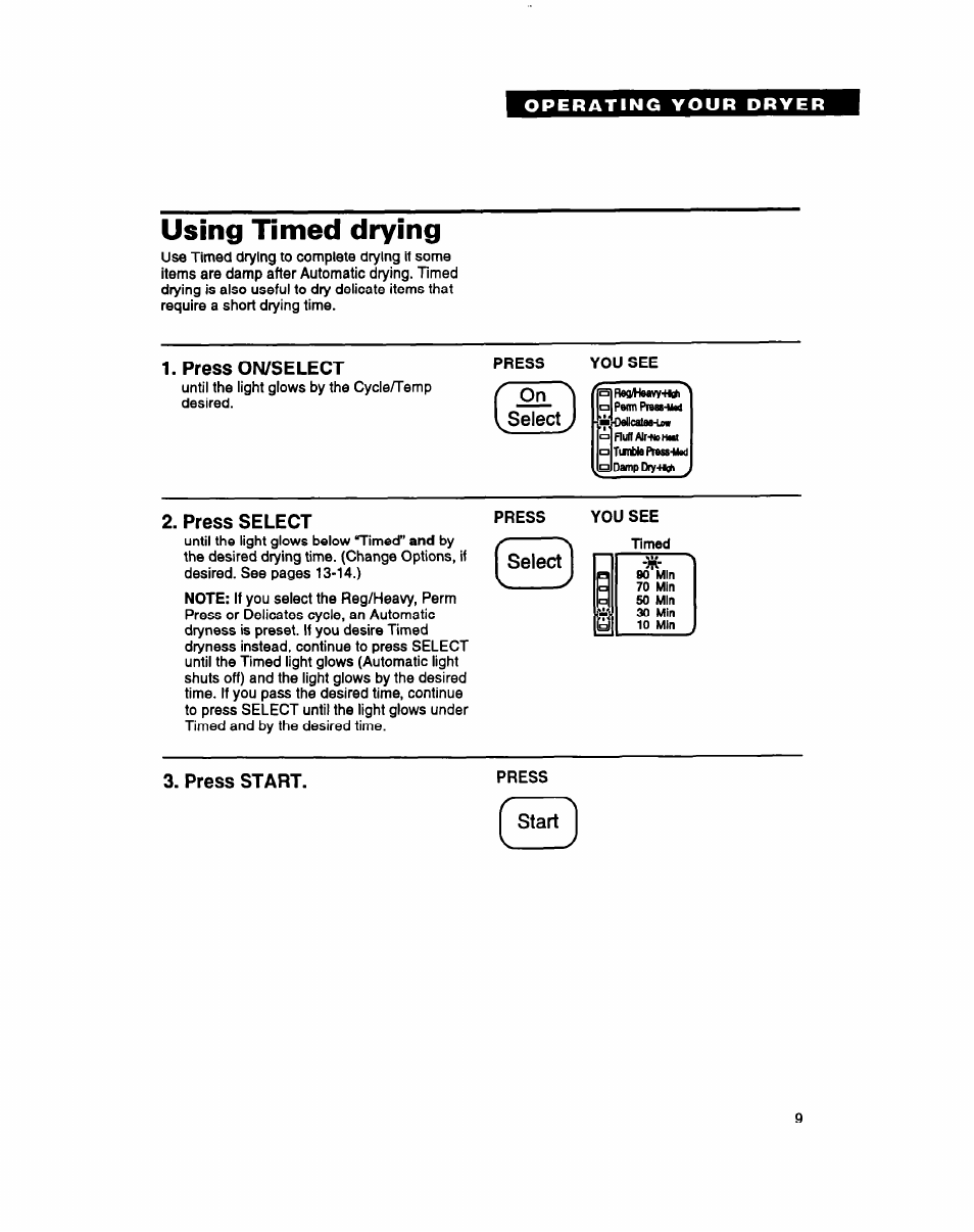 Using timed drying, Press on/select, On ^ select j | Press select, Press start, Start | Whirlpool 3396304 User Manual | Page 9 / 28