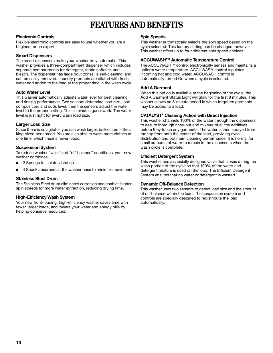 Features and benefits | Whirlpool duet Front-Load Washer User Manual | Page 10 / 64