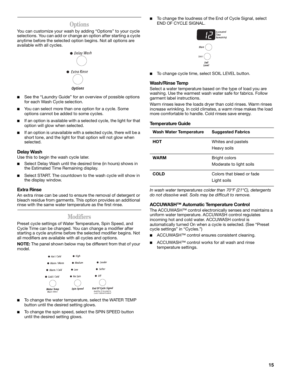 Options, Modifiers | Whirlpool duet Front-Load Washer User Manual | Page 15 / 64