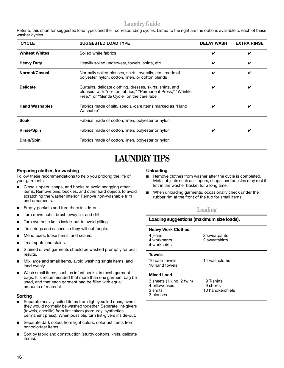 Laundry tips, Laundry guide, Loading | Whirlpool duet Front-Load Washer User Manual | Page 16 / 64