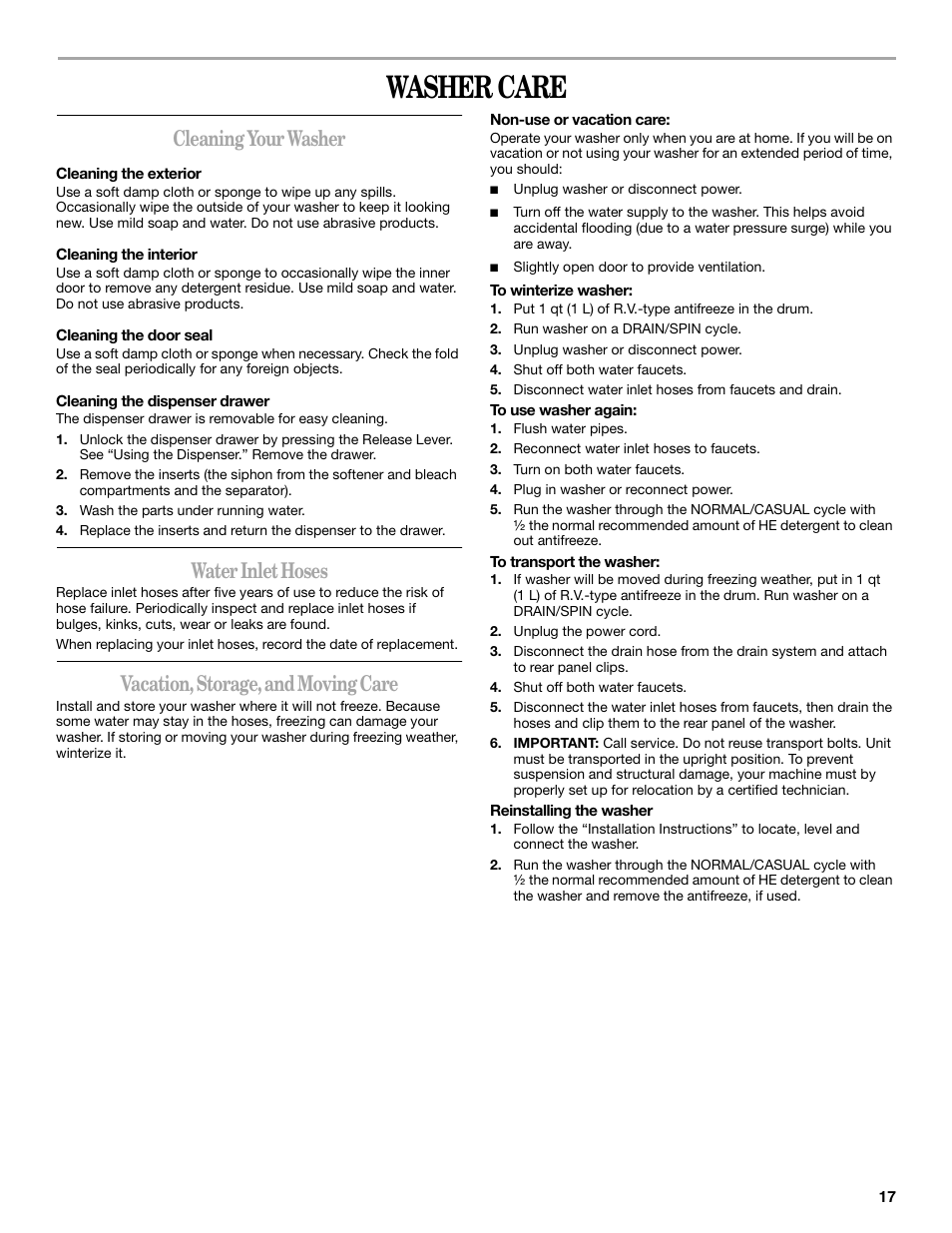 Washer care, Cleaning your washer, Water inlet hoses | Vacation, storage, and moving care | Whirlpool duet Front-Load Washer User Manual | Page 17 / 64