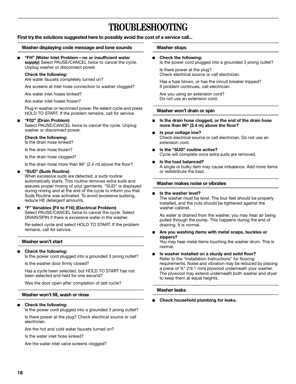 Troubleshooting | Whirlpool duet Front-Load Washer User Manual | Page 18 / 64