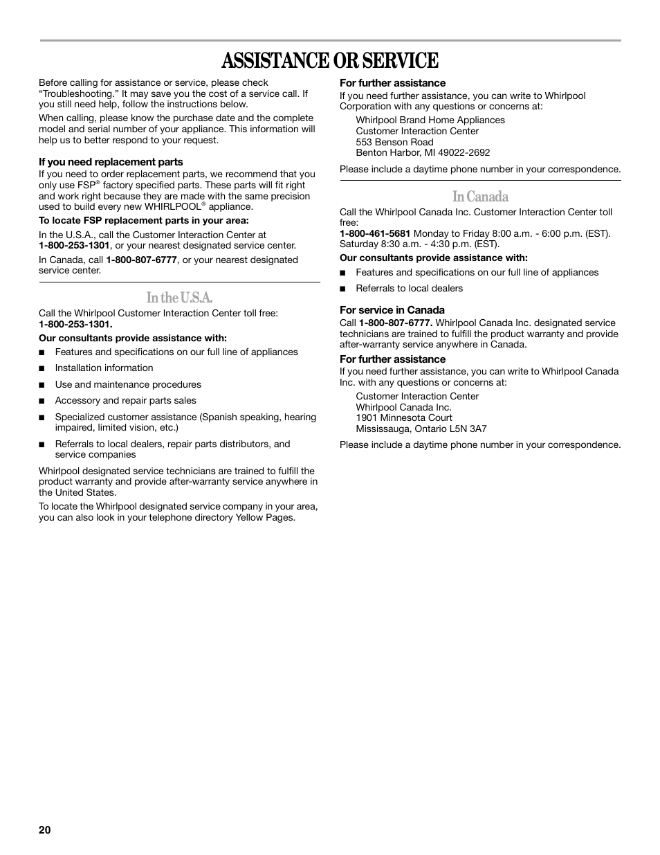 Assistance or service | Whirlpool duet Front-Load Washer User Manual | Page 20 / 64