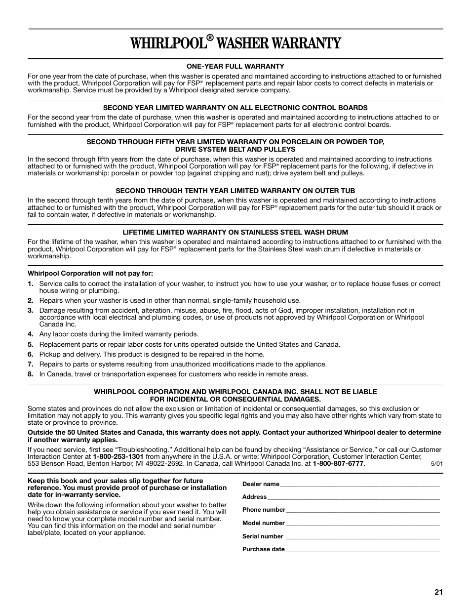 Whirlpool, Washer warranty | Whirlpool duet Front-Load Washer User Manual | Page 21 / 64