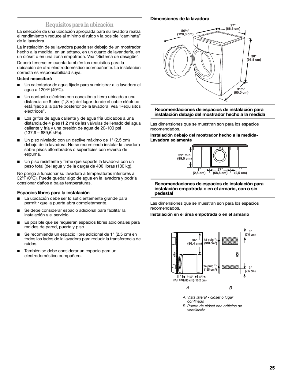 Requisitos para la ubicación, Espacios libres para la instalación | Whirlpool duet Front-Load Washer User Manual | Page 25 / 64
