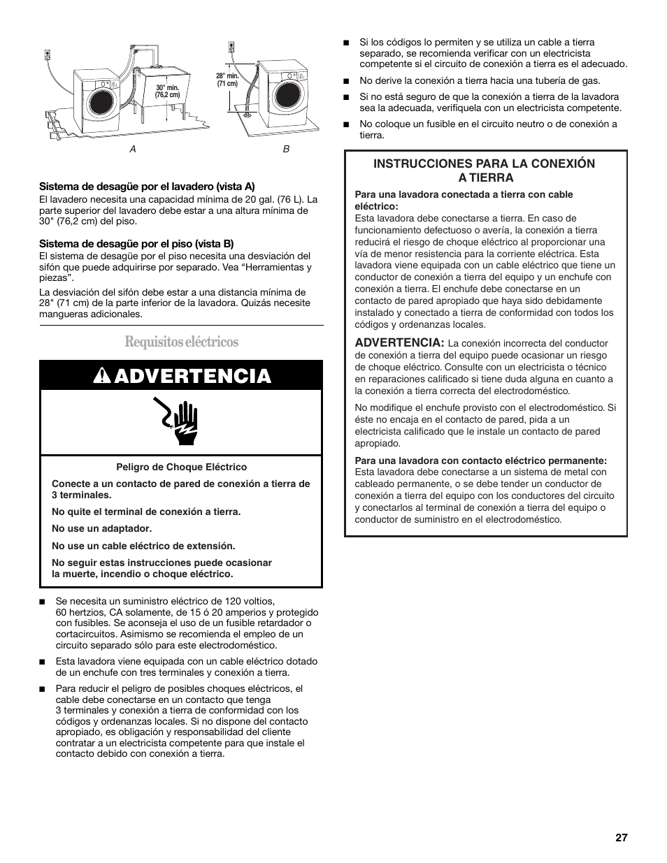 Advertencia, Requisitos eléctricos | Whirlpool duet Front-Load Washer User Manual | Page 27 / 64