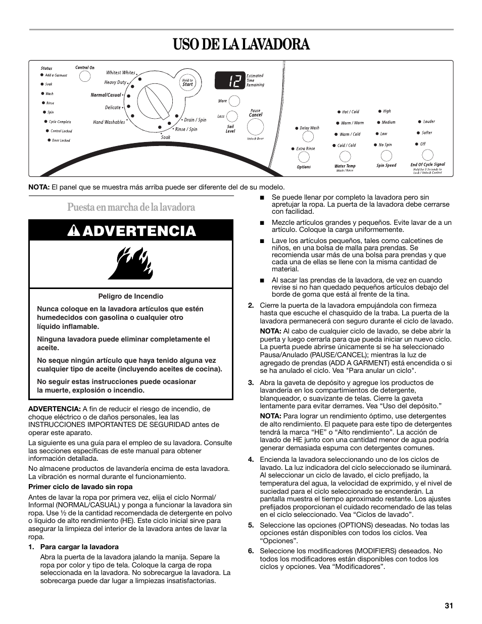 Uso de la lavadora, Advertencia, Puesta en marcha de la lavadora | Whirlpool duet Front-Load Washer User Manual | Page 31 / 64