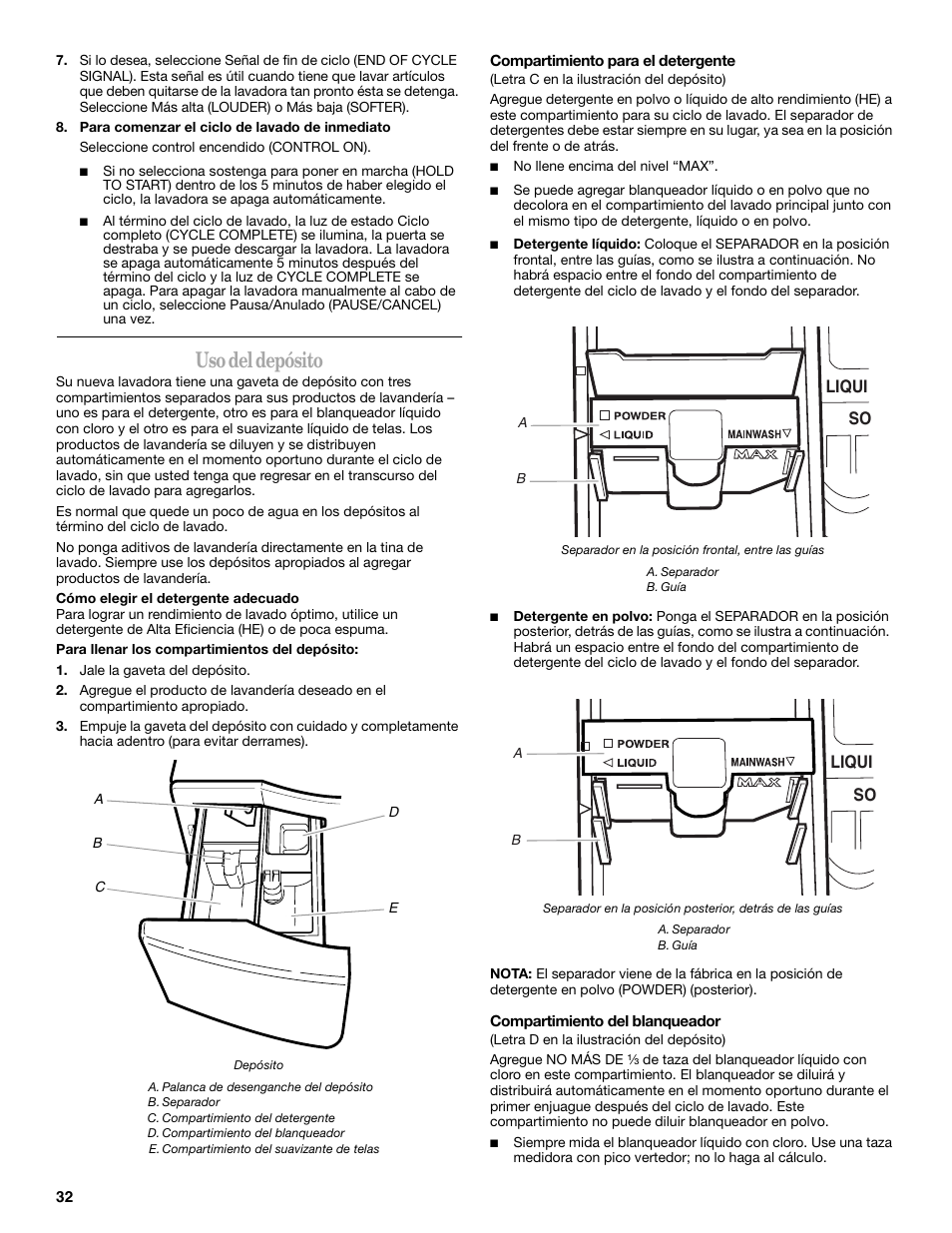 Uso del depósito | Whirlpool duet Front-Load Washer User Manual | Page 32 / 64