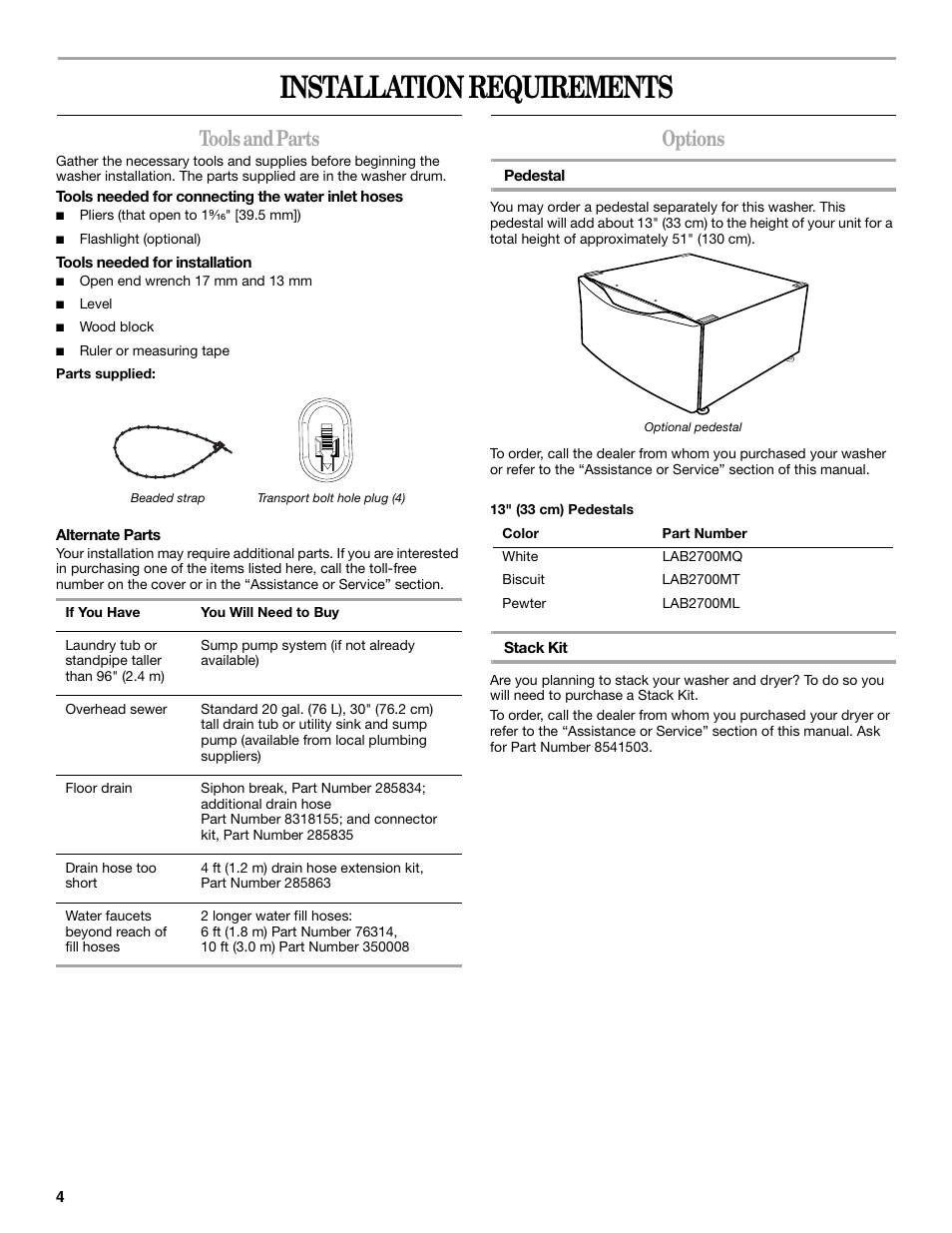 Installation requirements, Tools and parts, Options | Whirlpool duet Front-Load Washer User Manual | Page 4 / 64