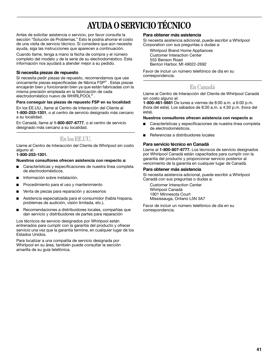 Ayuda o servicio técnico, En los ee.uu, En canadá | Whirlpool duet Front-Load Washer User Manual | Page 41 / 64