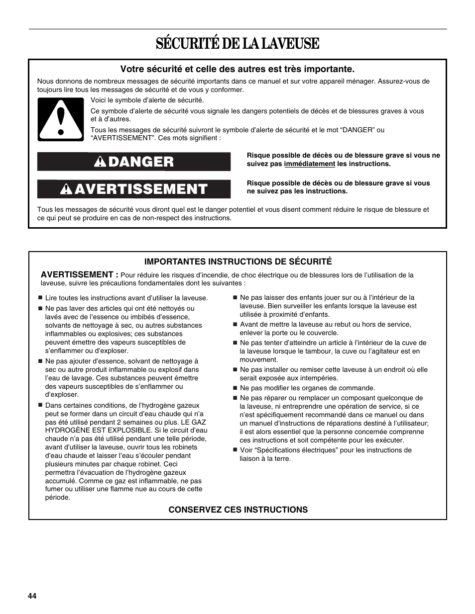 Sécurité de la laveuse, Avertissement danger | Whirlpool duet Front-Load Washer User Manual | Page 44 / 64