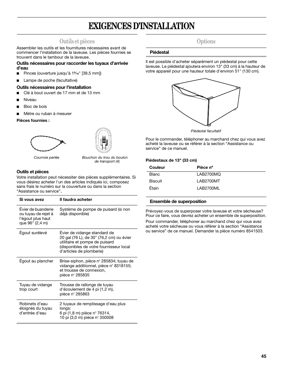 Exigences d’installation, Outils et pièces, Options | Whirlpool duet Front-Load Washer User Manual | Page 45 / 64