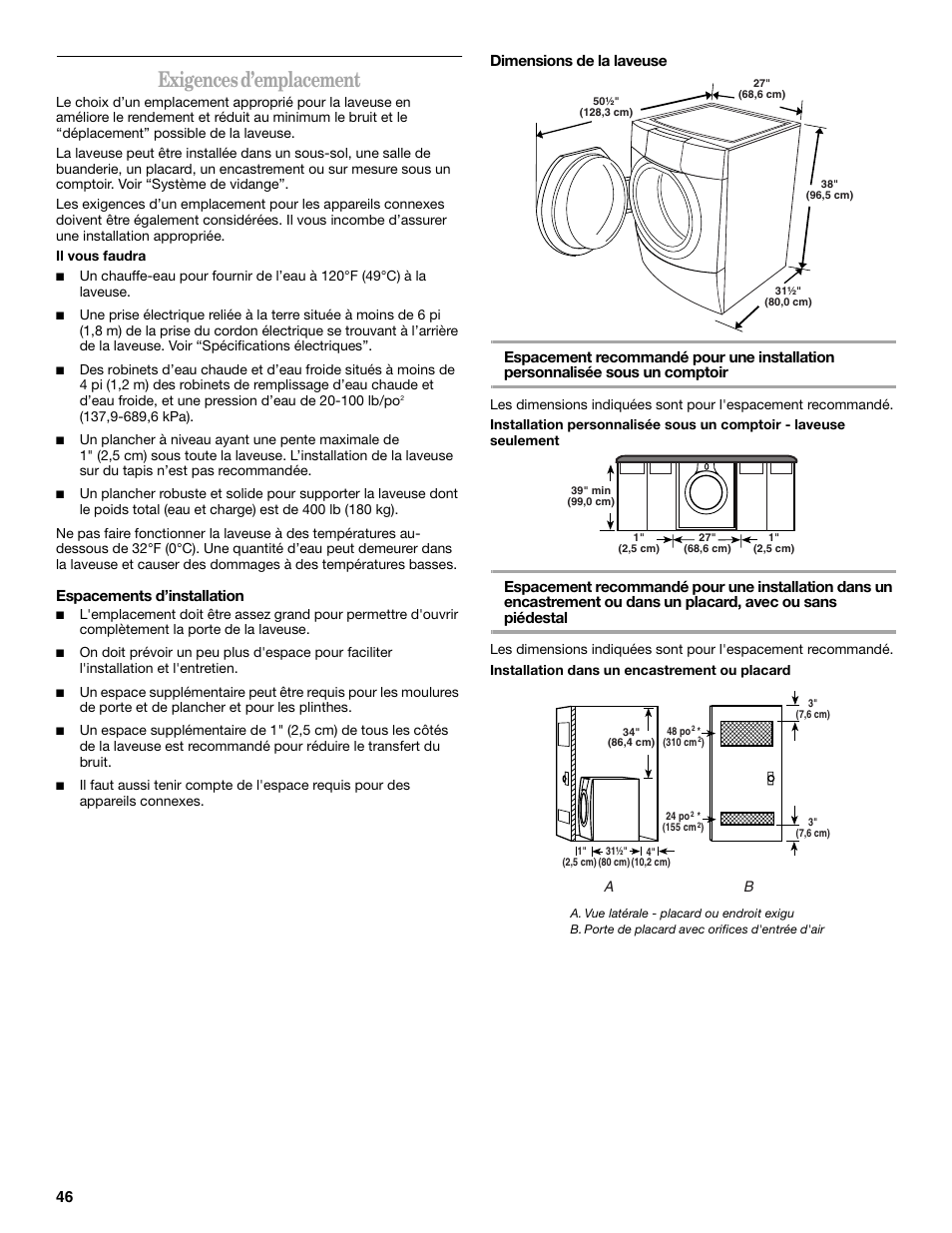 Exigences d’emplacement, Espacements d’installation | Whirlpool duet Front-Load Washer User Manual | Page 46 / 64