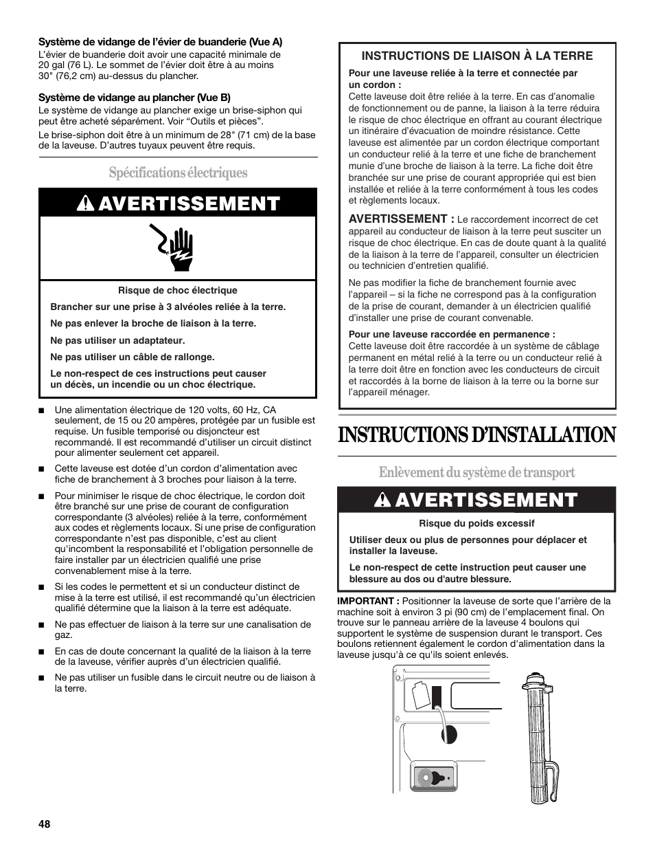 Instructions d’installation, Avertissement, Spécifications électriques | Enlèvement du système de transport | Whirlpool duet Front-Load Washer User Manual | Page 48 / 64