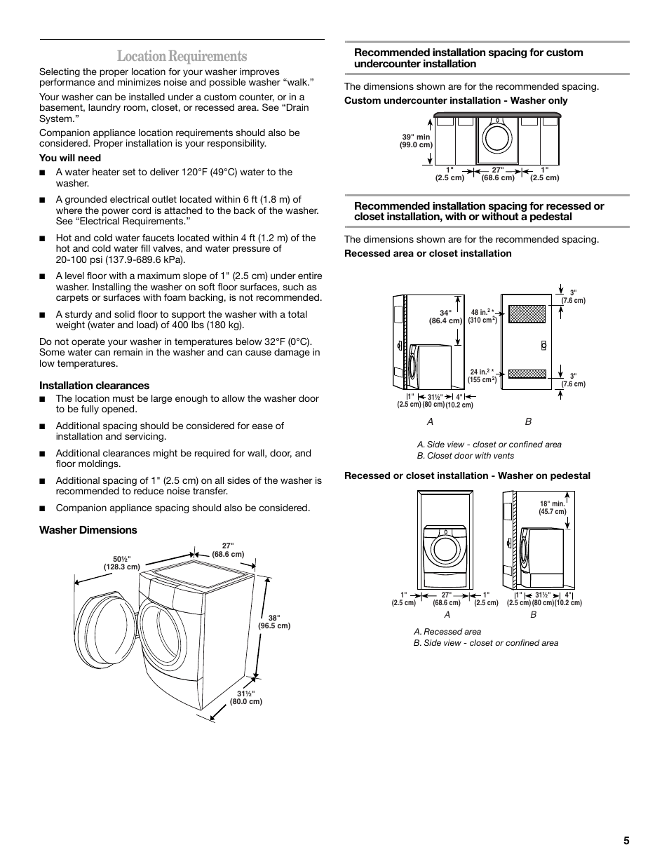 Location requirements, Installation clearances | Whirlpool duet Front-Load Washer User Manual | Page 5 / 64