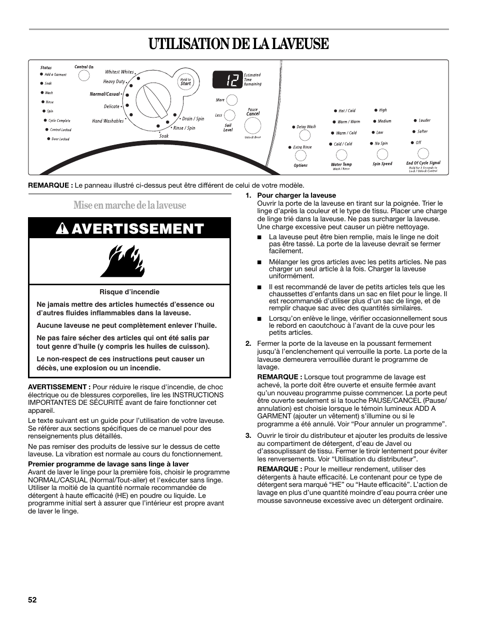 Utilisation de la laveuse, Avertissement, Mise en marche de la laveuse | Whirlpool duet Front-Load Washer User Manual | Page 52 / 64