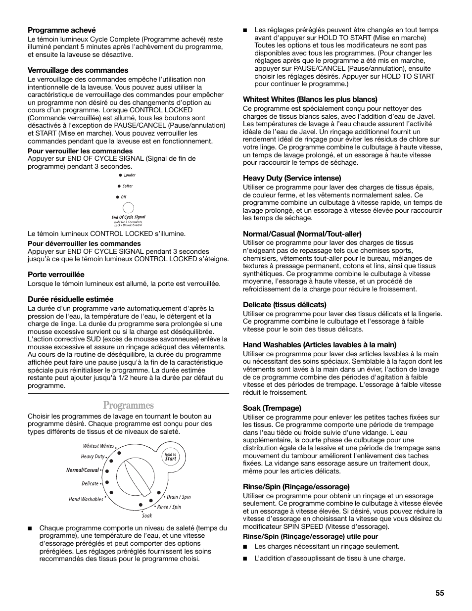 Programmes | Whirlpool duet Front-Load Washer User Manual | Page 55 / 64