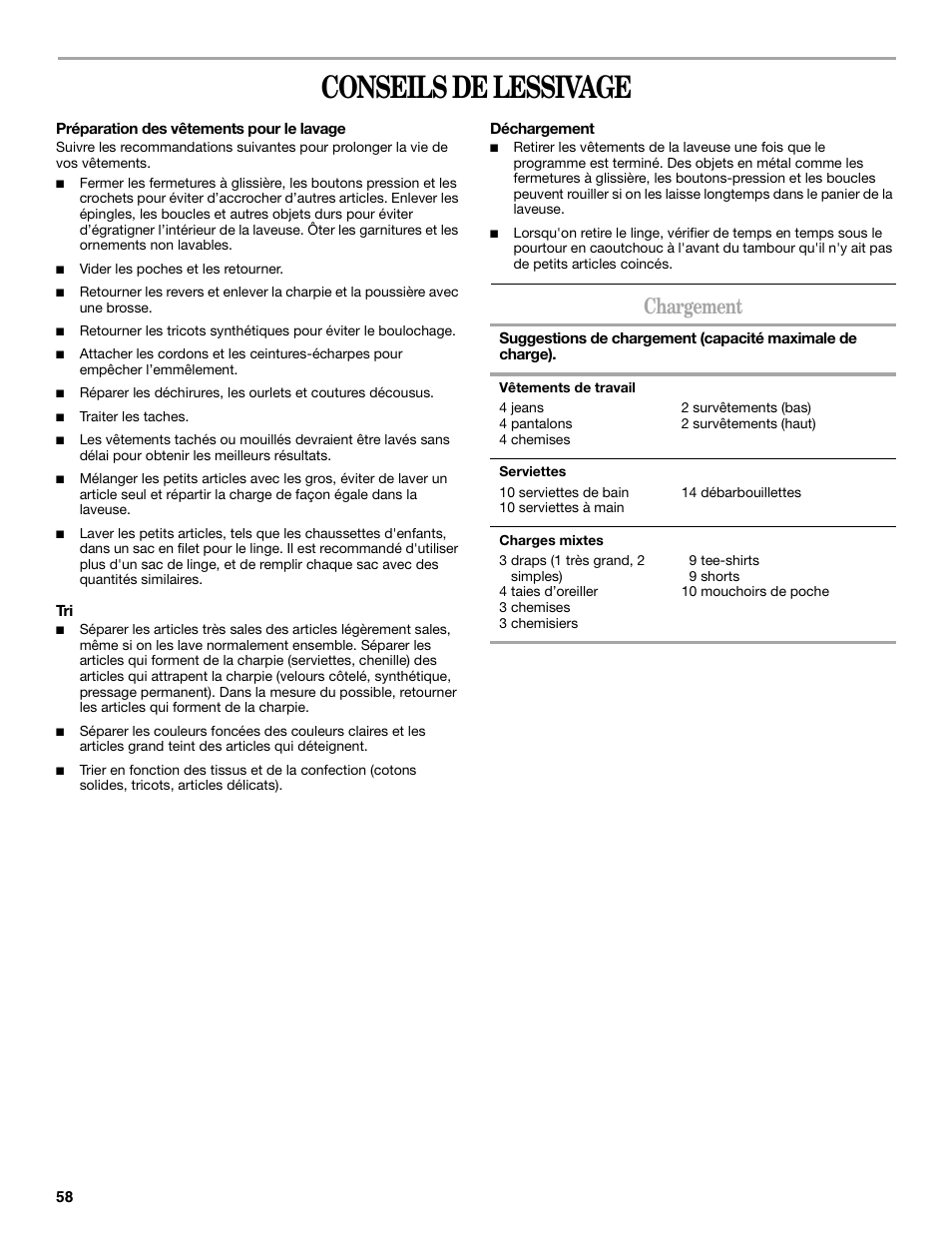Conseils de lessivage, Chargement | Whirlpool duet Front-Load Washer User Manual | Page 58 / 64