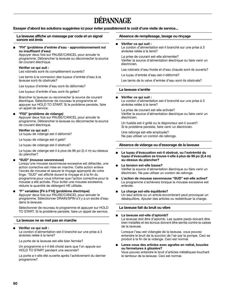 Dépannage | Whirlpool duet Front-Load Washer User Manual | Page 60 / 64
