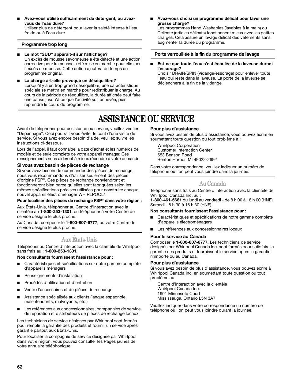 Assistance ou service, Aux états-unis, Au canada | Whirlpool duet Front-Load Washer User Manual | Page 62 / 64