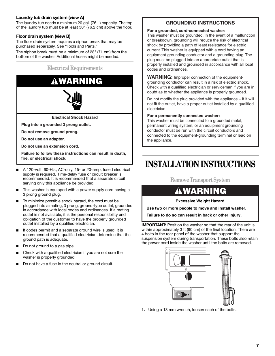 Installation instructions, Warning, Electrical requirements | Remove transport system | Whirlpool duet Front-Load Washer User Manual | Page 7 / 64