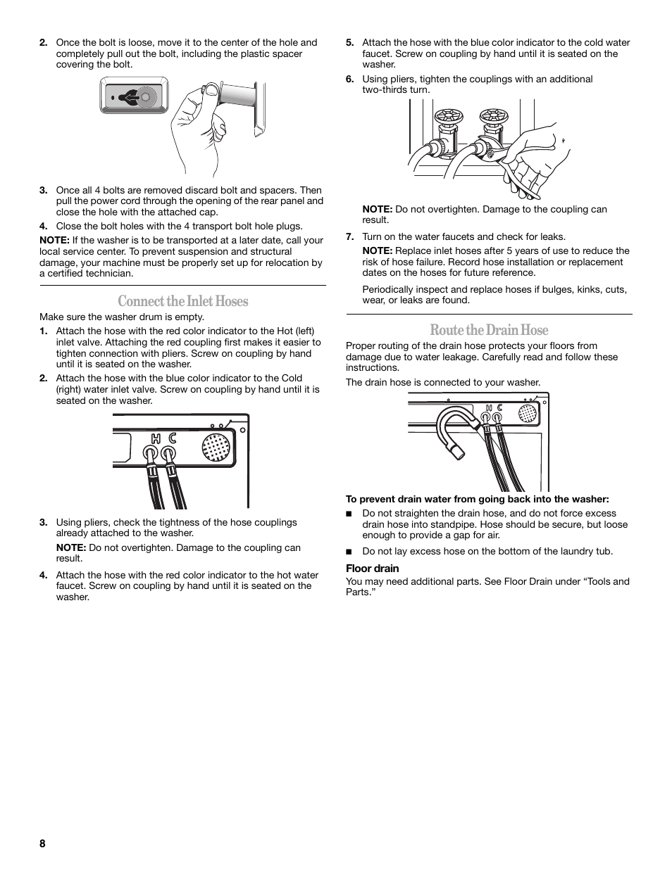 Connect the inlet hoses, Route the drain hose | Whirlpool duet Front-Load Washer User Manual | Page 8 / 64