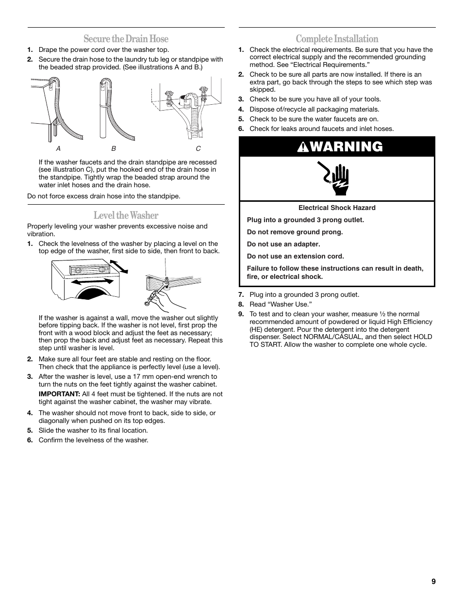 Warning, Secure the drain hose, Level the washer | Complete installation | Whirlpool duet Front-Load Washer User Manual | Page 9 / 64