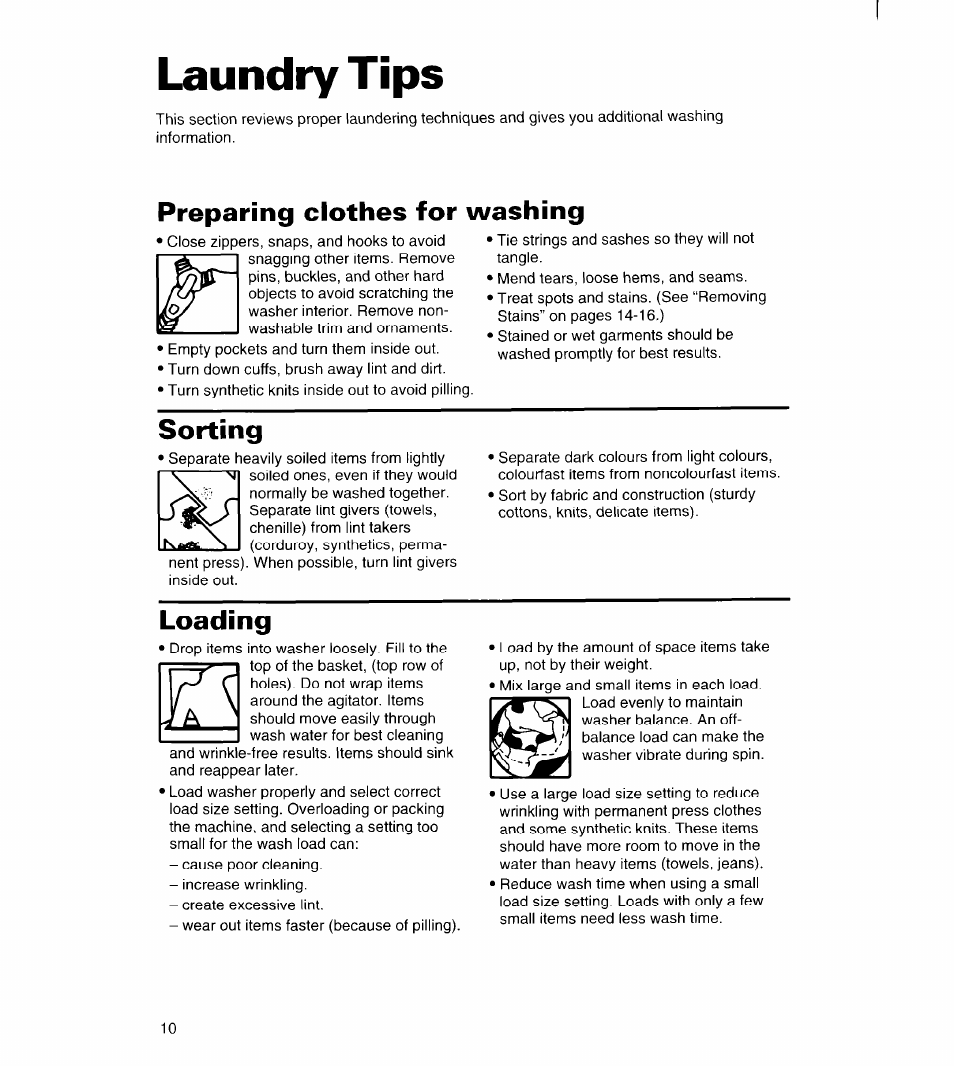 Laundry tips, Preparing clothes for washing, Sorting | Loading | Whirlpool 6LBR5132BQ2 User Manual | Page 10 / 20