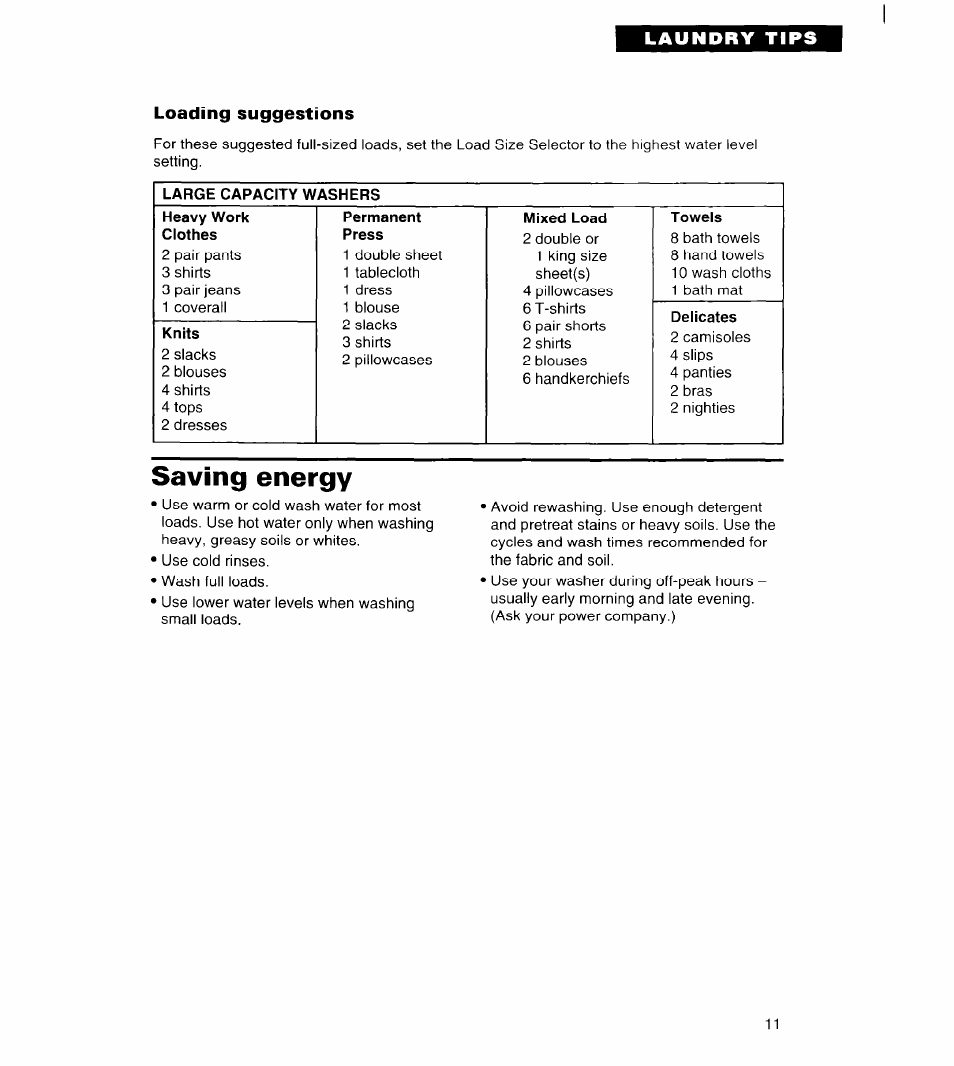 Loading suggestions, Saving energy | Whirlpool 6LBR5132BQ2 User Manual | Page 11 / 20